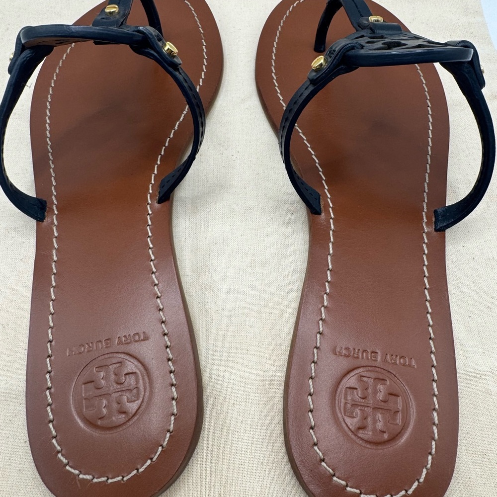 Tory Burch Mini Miller Sandal Navy Blue and Brown Size 7.5 - Picture 3 of 6